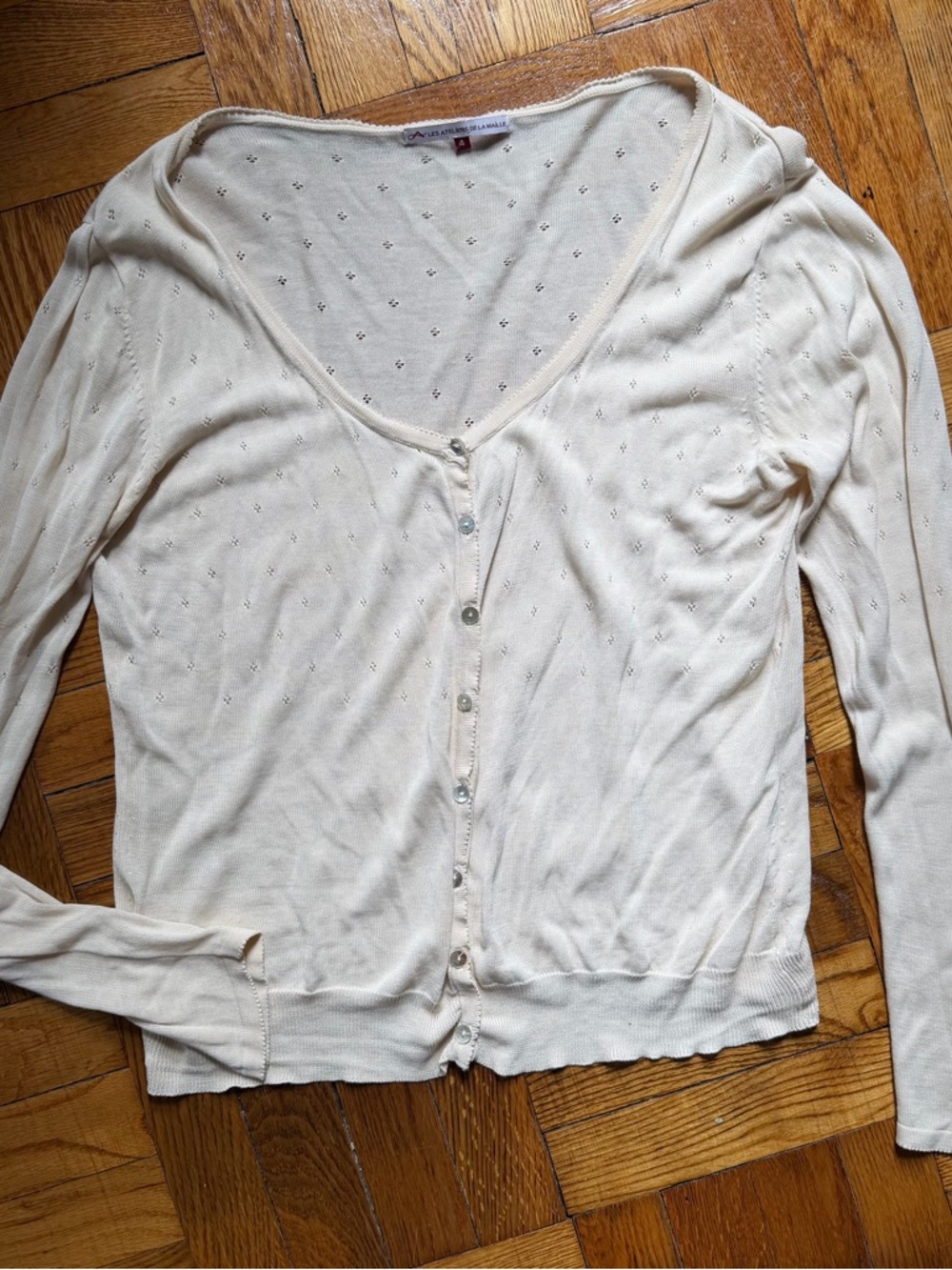Vintage French Designer Silk Blend Eyelet Shell Button Cardigan